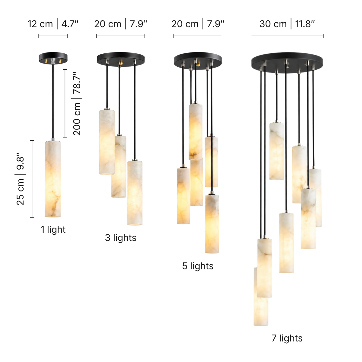 Candela Alabaster Tube Pendant Light, dimensions